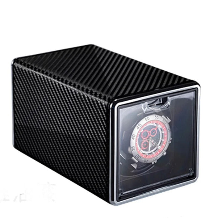 Black carbon fiber watch winder with power cord on a white background